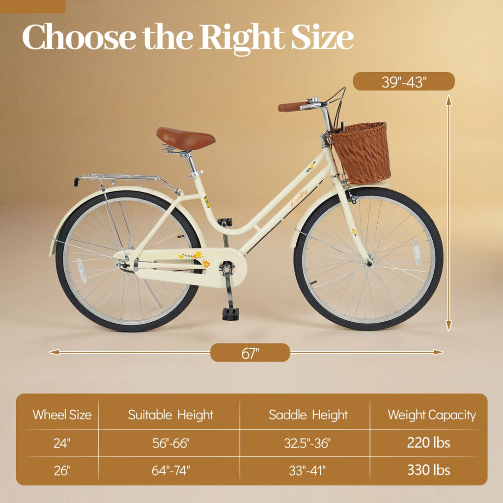 24/26-Inch Beach Cruiser with Basket & Rear Rack