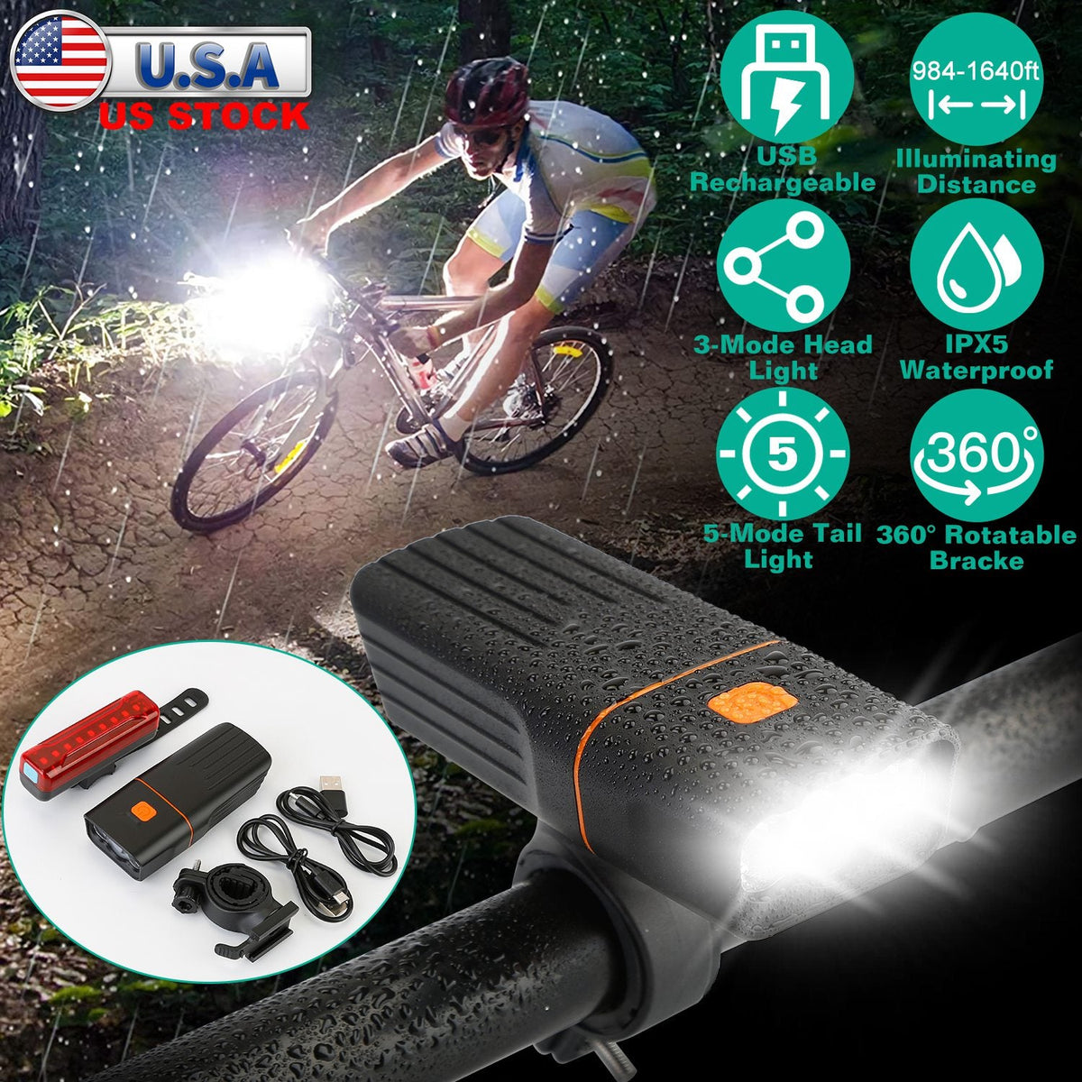 USB Rechargeable Bike Headlight & Taillight Set