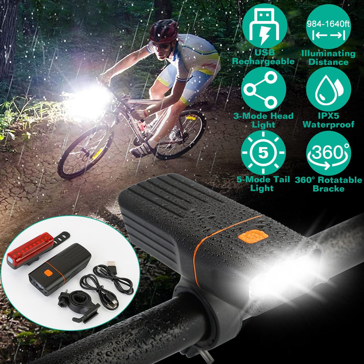 USB Rechargeable Bike Headlight & Taillight Set