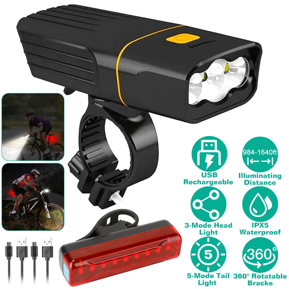 USB Rechargeable Bike Headlight & Taillight Set