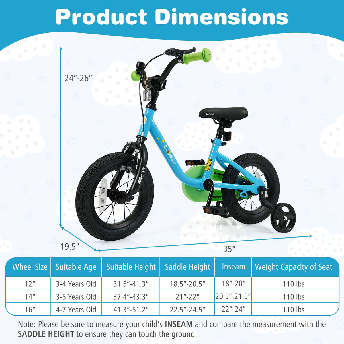 Kids 12/14/16-Inch Bicycle — Blue